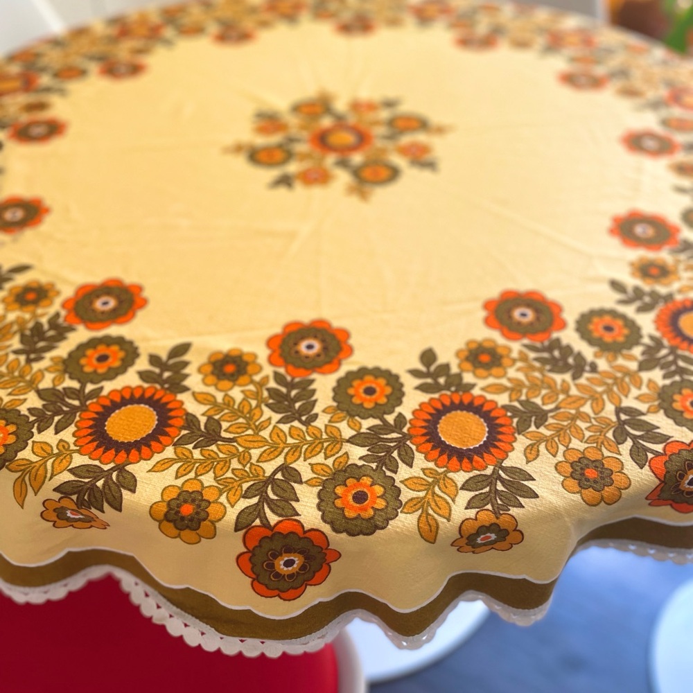 70s Vintage Round Floral Tablecloth with Orange and Brown Accents